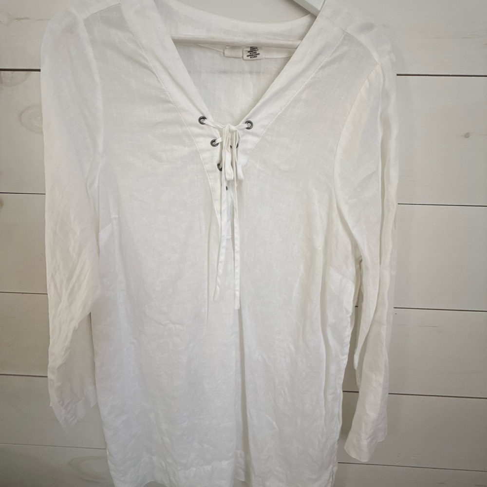 White Lace-Up Linen Blouse